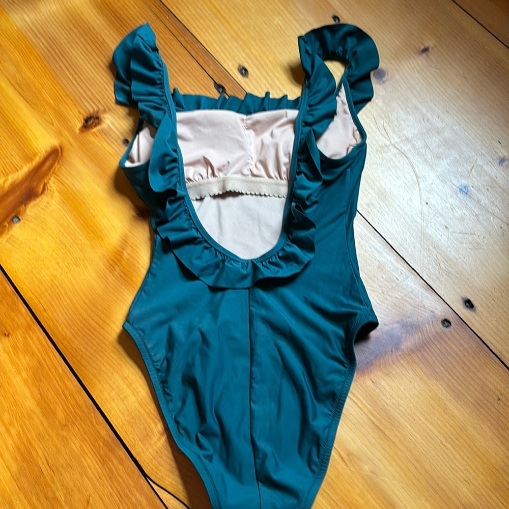 J CREW 2 Teal Green Scoop Back Ruffled Strap One-Piece Bathing Suit Swim